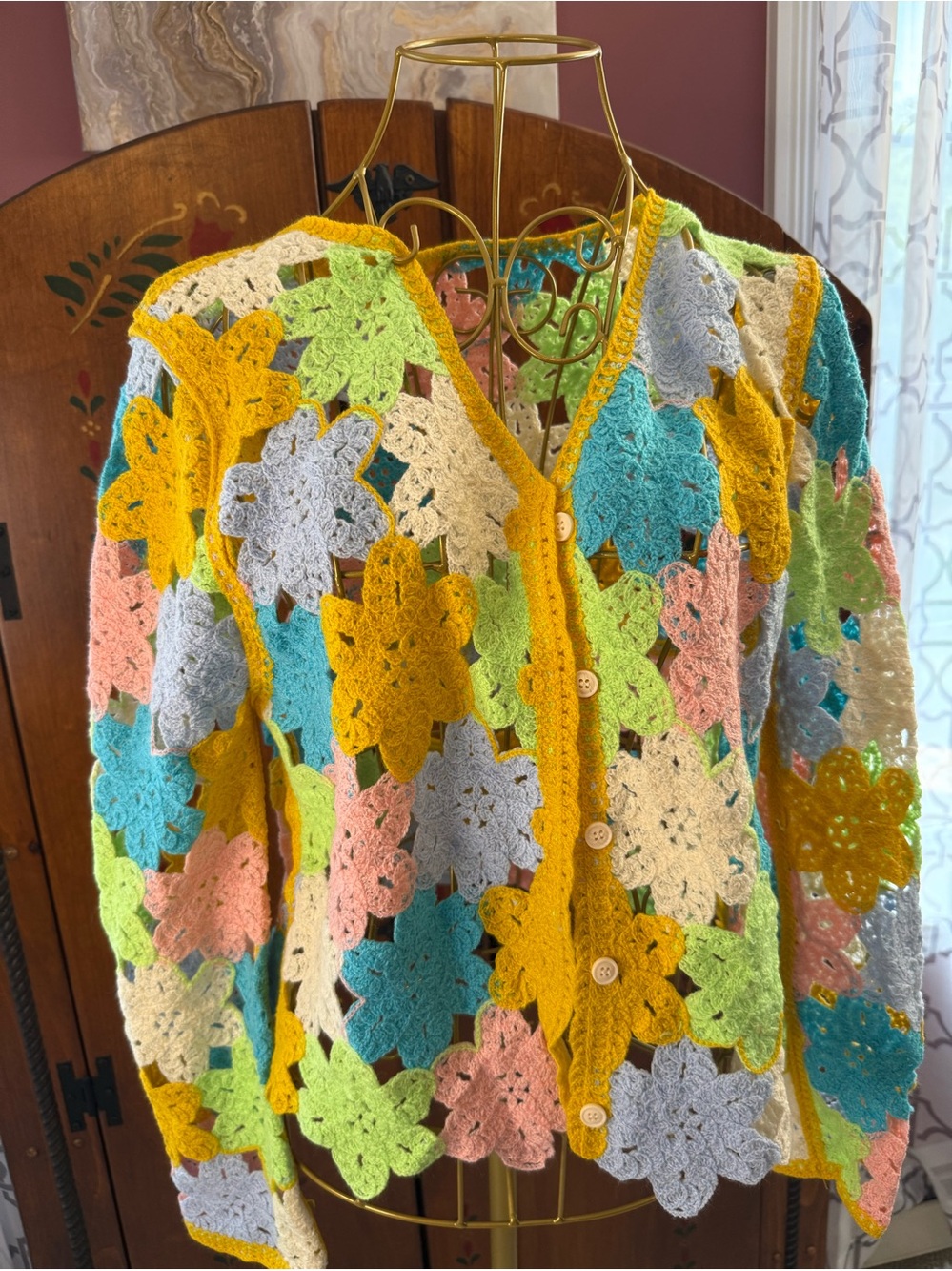 Boho bright pastels crochet cardi small to medium NEW